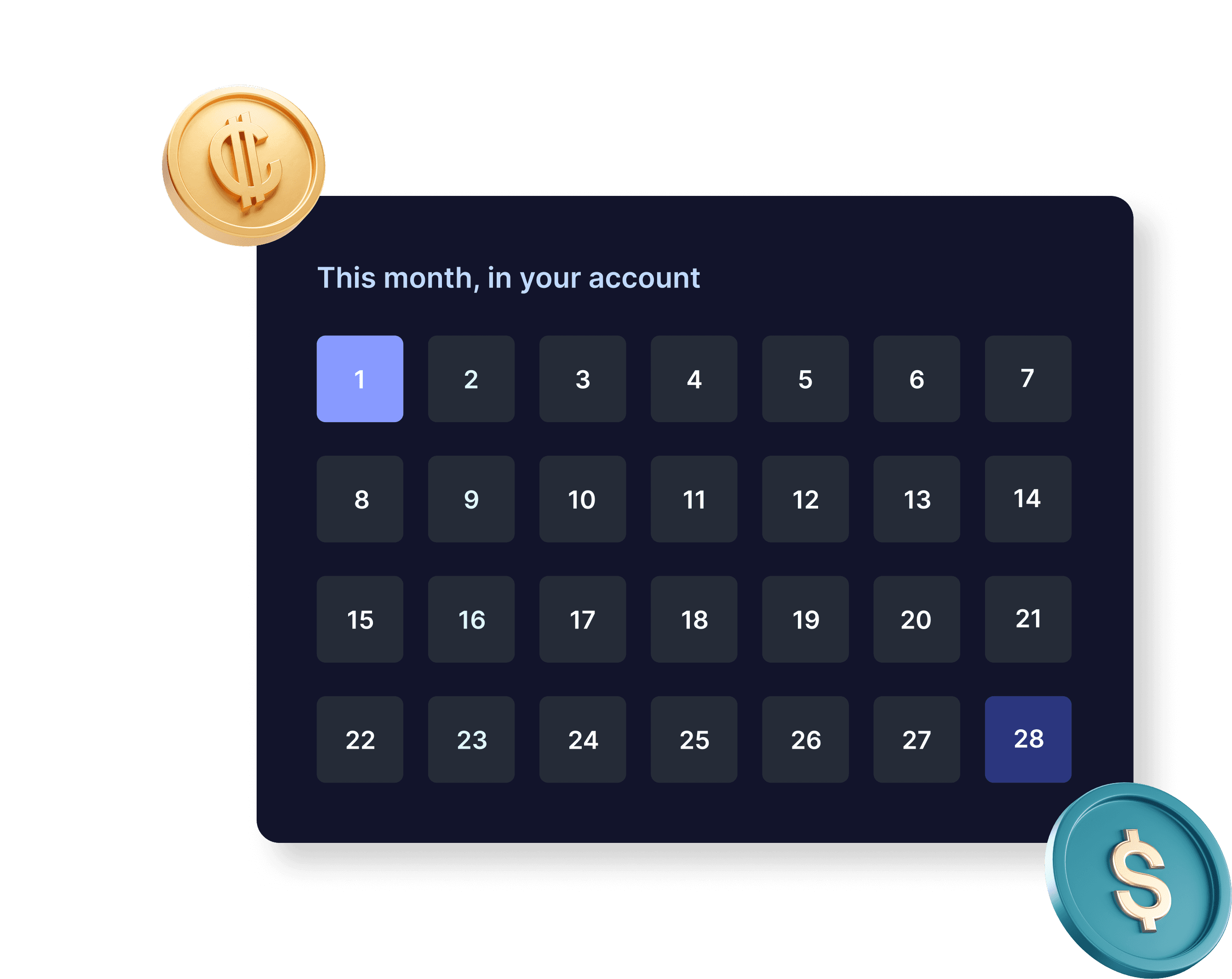 Calendar showing payday on the 1st and rent due on the 28th