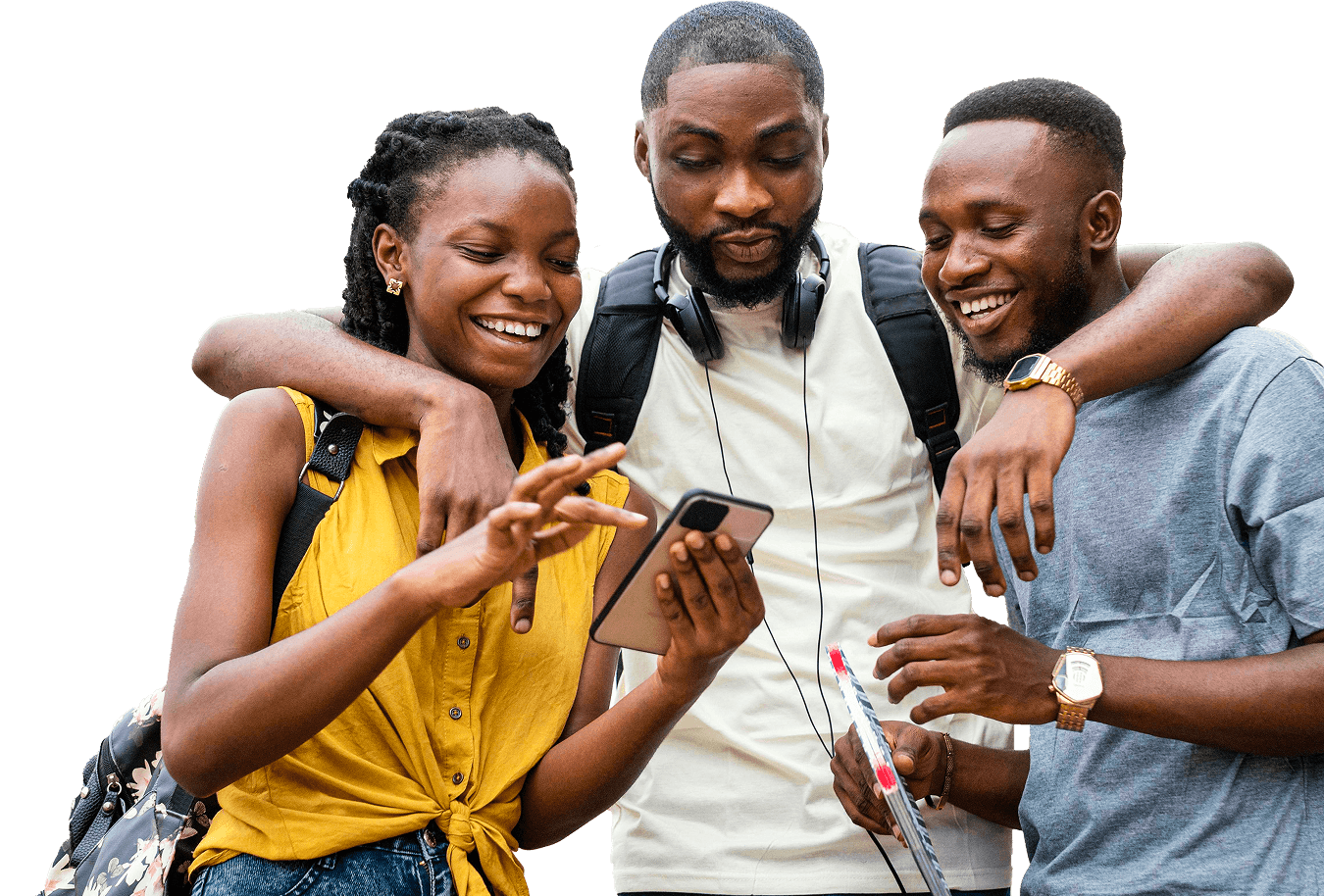 Three friends looking at phones together